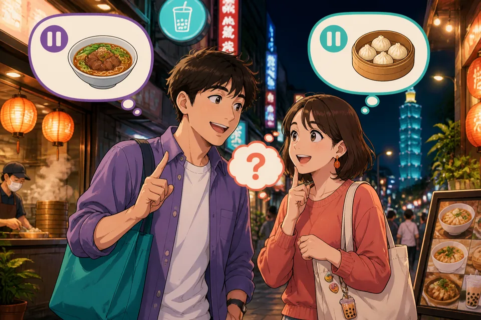 Anna and David talk by a subway exit in Simplified Chinese, trying short polite lines like 稍等一下 and 看情况吧 while they decide.