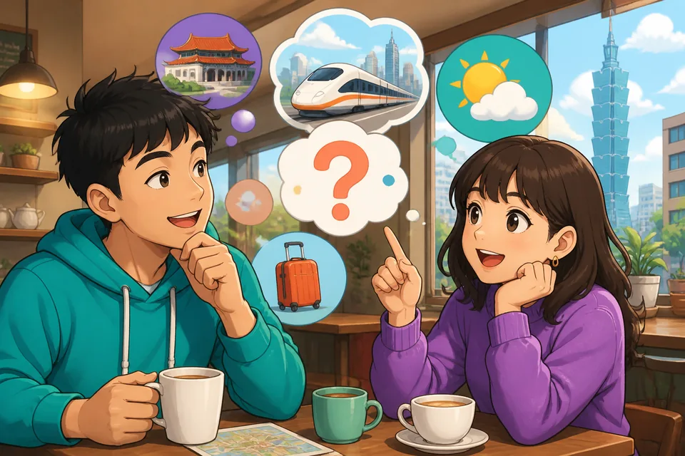 Anna and David in a park deciding plans, using Simplified Chinese phrases like 让我想想 and 我不太确定.