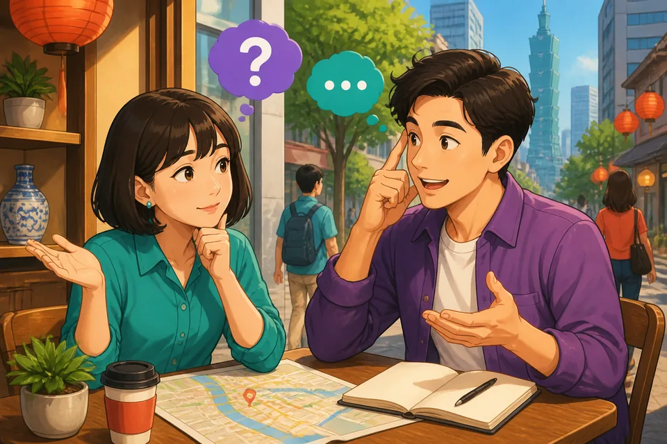 A learner listening with headphones to Simplified Chinese audio about giving opinions and showing uncertainty.
