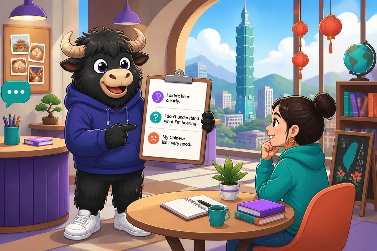 Learner at a busy Chinese market asking for clarification in Simplified Chinese, checking a character and listening carefully.