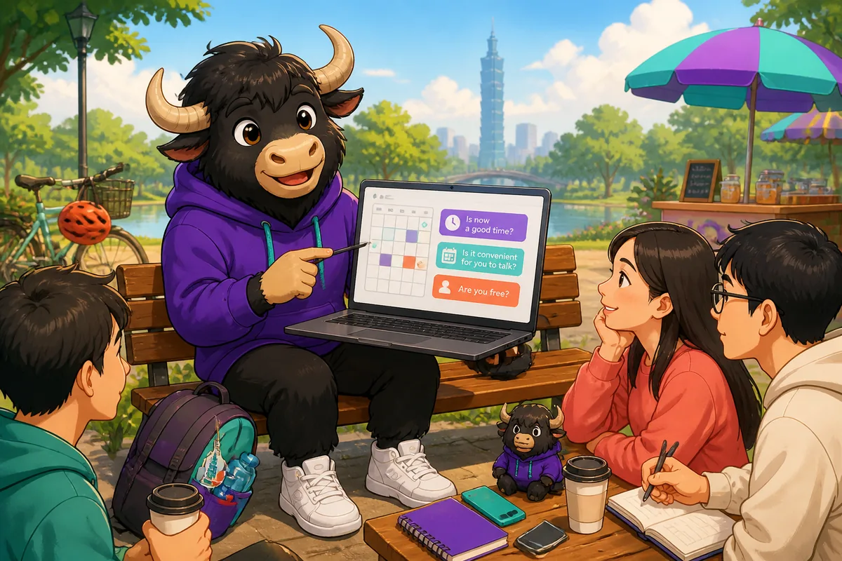 Two friends in a coffee shop checking their phones and scheduling a meet-up in Simplified Chinese — lesson on scheduling phrases.