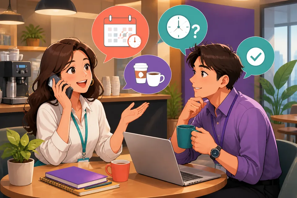 Anna and David on a short phone call arranging a time, with Simplified Chinese phrases for asking availability and confirming plans.