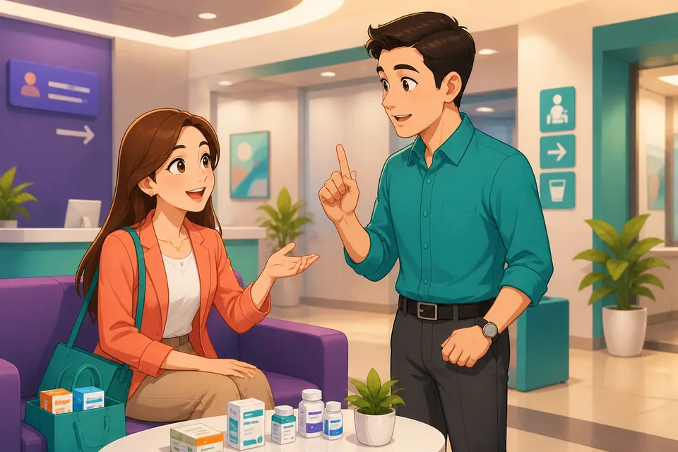 Anna and David in a hallway: one asks the other to wait and the other says 我马上回来。 (I’ll be right back).