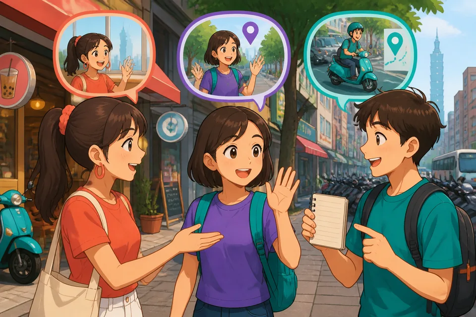 Two friends meeting outside a Beijing café — one texts 我在路上 (Wǒ zài lùshang) while in a taxi stuck in traffic.
