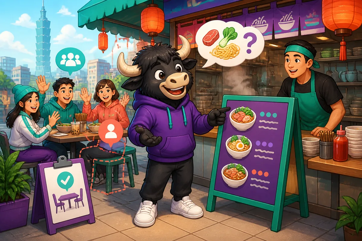 A small group at a restaurant entrance in China, talking in Simplified Chinese about whether everyone has arrived for the meetup.