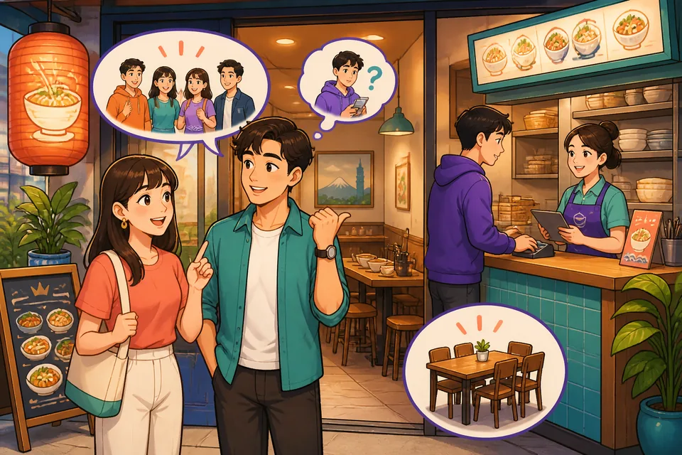 Anna and David standing by a table in a Chinese meetup: one says 我订了位子 and they discuss if 人齐了 or 还差一个人.