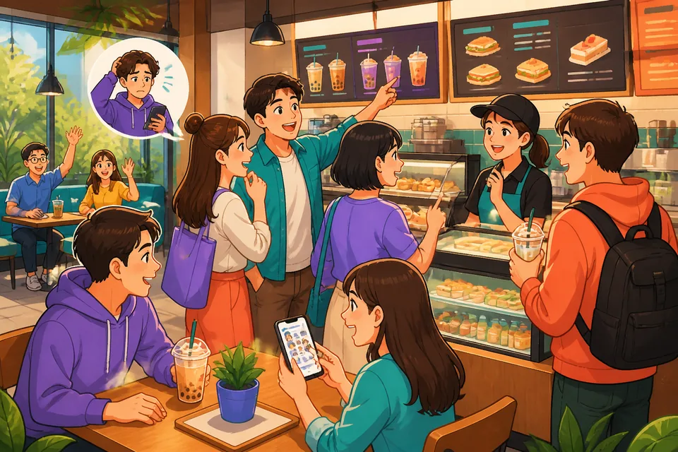 Two friends checking a reservation at a busy Chinese restaurant, with Simplified Chinese phrases about reserving seats and waiting for people.