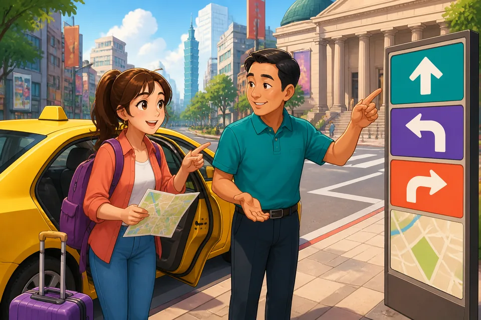 Two people talking next to a traffic light and intersection — a typical street scene for practicing Simplified Chinese directions.