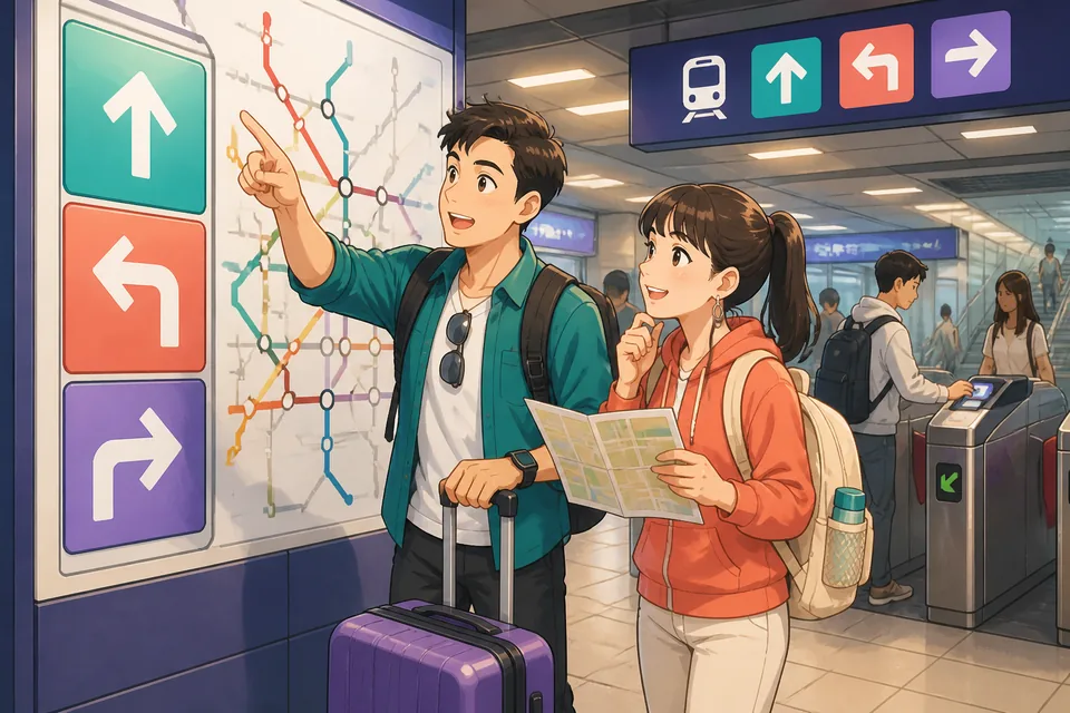A skyline with a metro entrance and a crosswalk; the scene evokes city directions and the lesson topic in Simplified Chinese.