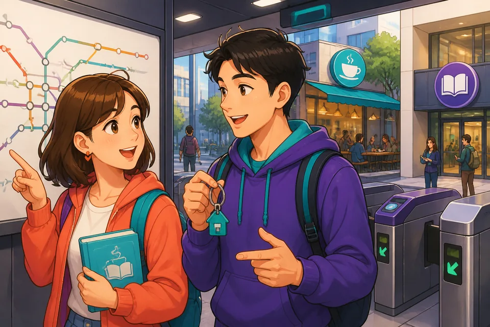 Two friends pointing at a map and speaking Simplified Chinese location phrases like '在这儿。 (Zài zhèr.)' and '在那儿。 (Zài nàr.)'.