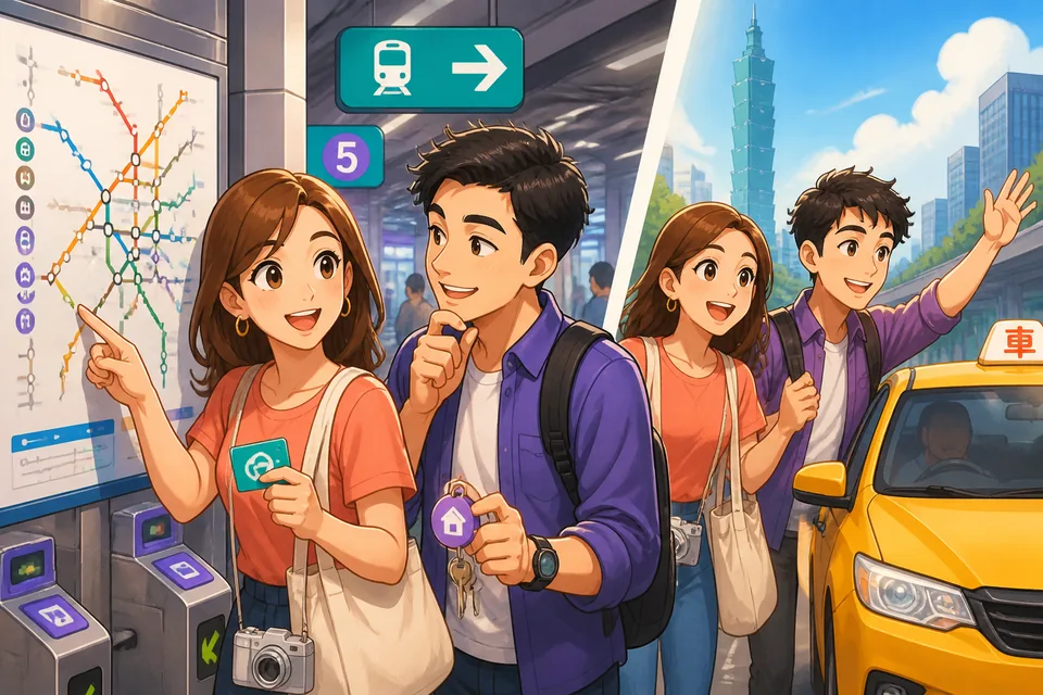 Inside a subway car: two friends quietly discussing which line to take and when to get off, with Simplified Chinese phrases shown.