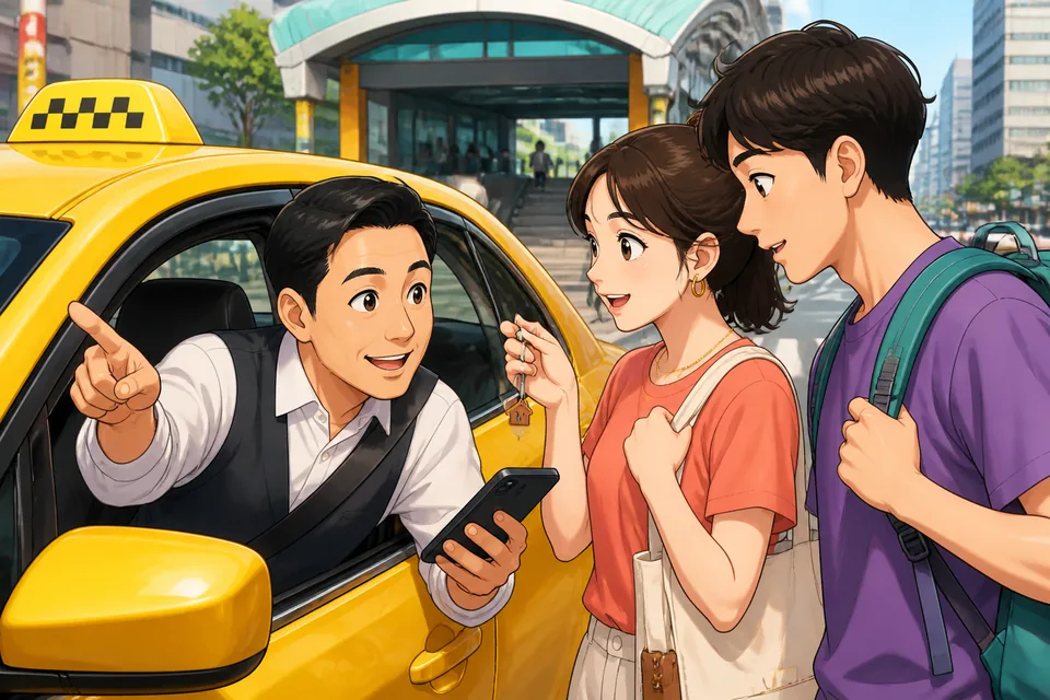 Street scene outside a Chinese metro entrance with taxis lined up and a passenger asking for directions in Simplified Chinese.