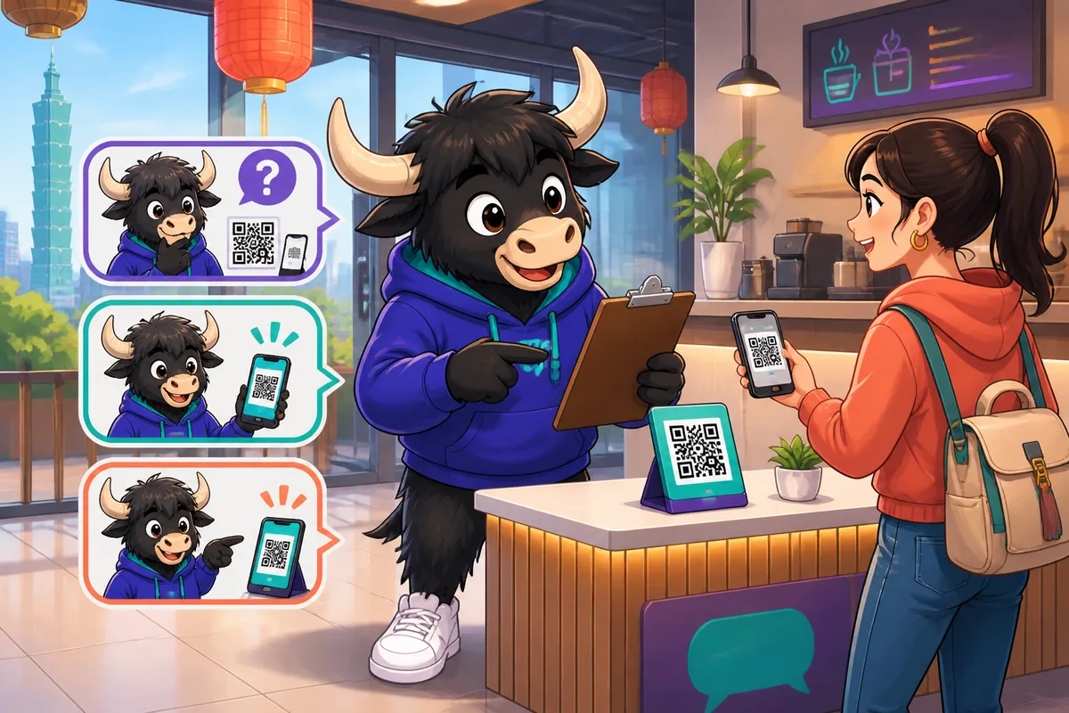 Photo of a cashier and customer exchanging QR codes on phones for payment, highlighting Simplified Chinese payment phrases.