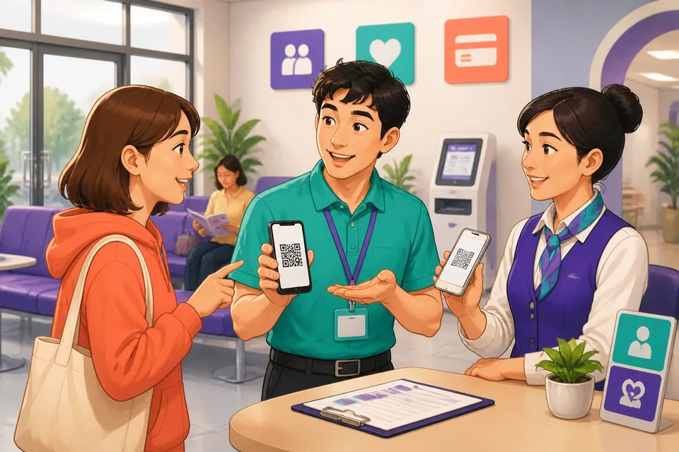 A street food stall in China where a vendor asks if the customer can scan a QR code, shown with Simplified Chinese phrases about payments.