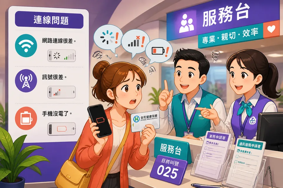 Two friends talking in a café with one showing their phone — practice saying 网络不好, 信号不好, 手机没电了 in Simplified Chinese.