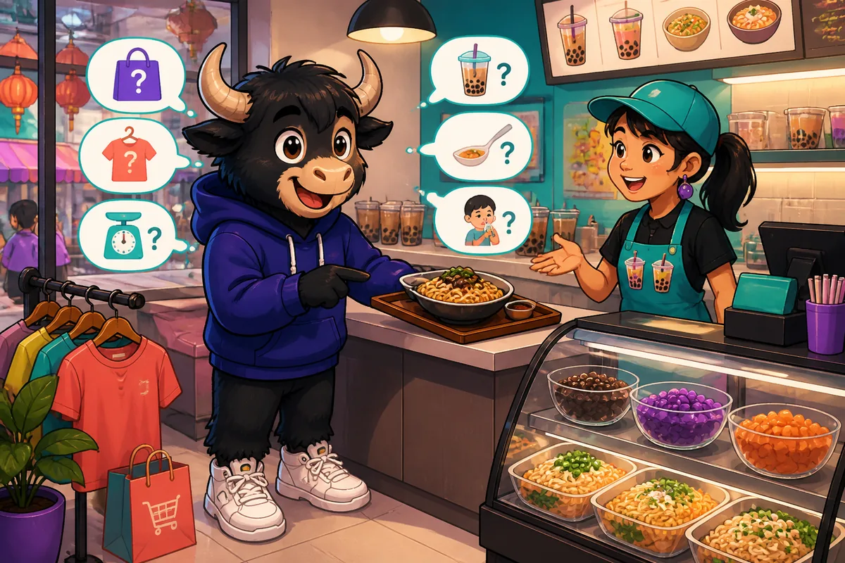 A lively Chinese market scene with shoppers asking about prices in Simplified Chinese; the lesson topic is shopping phrases.