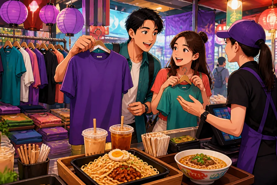 Two friends shopping at a street market in China, one trying on a jacket and asking the vendor questions in Simplified Chinese.