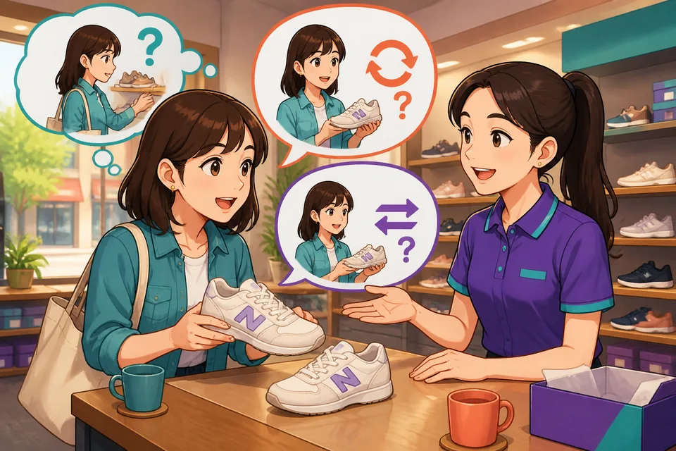 Anna at a shoe counter asks the shop assistant (David) about exchanging and then says 我再看看 while browsing other styles.