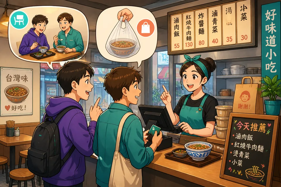 Close-up of a server putting food into a takeaway box and a customer saying 打包带走 in Simplified Chinese at a busy eatery.