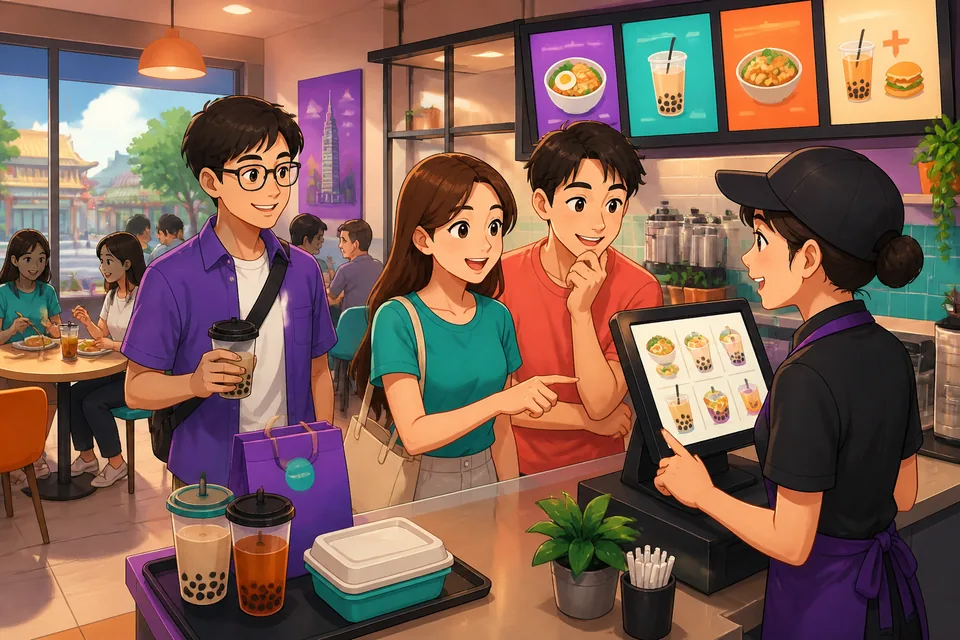 A small restaurant table with two people discussing the menu and spice level in Simplified Chinese, deciding to eat in or pack food.