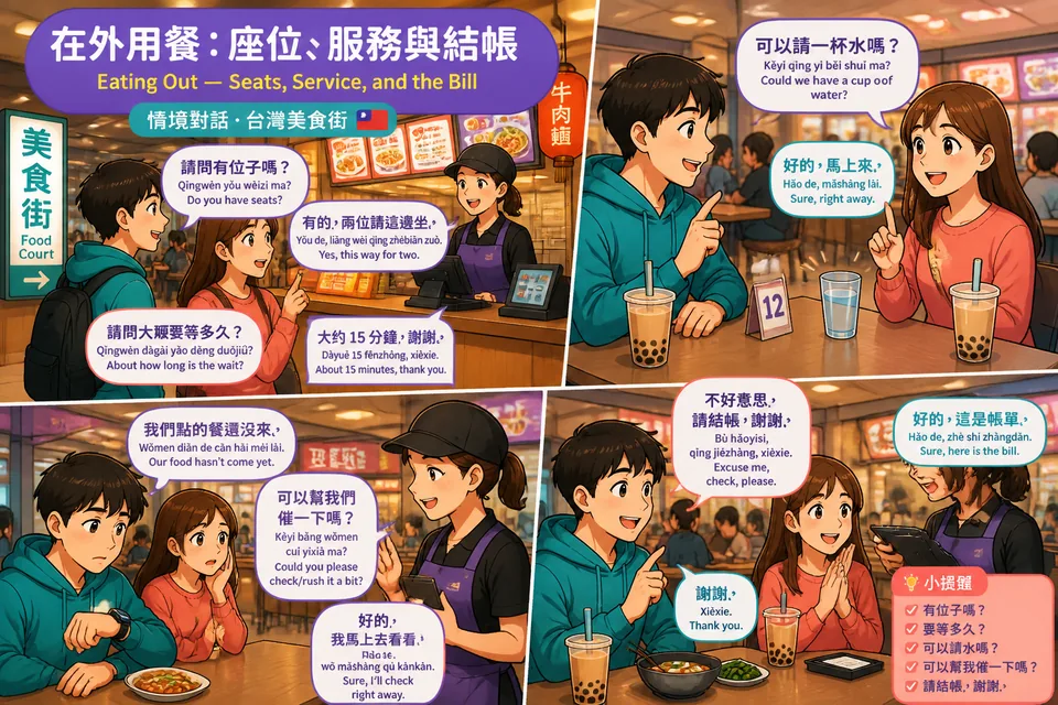 Two people at a table talking to staff: asking about late dishes, water, and how to pay — Simplified Chinese phrases shown.