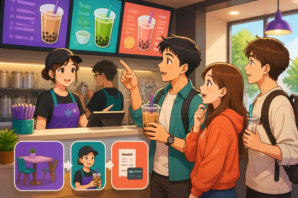 Customers at a restaurant counter asking 有位子吗？ and the host checking the wait — Simplified Chinese food-and-drink scene.