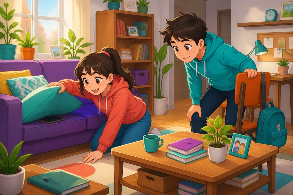 Anna and David looking at objects: a phone under a sofa, a bag between two chairs — scene for the mini-dialogue using location phrases in Simplified Chinese.