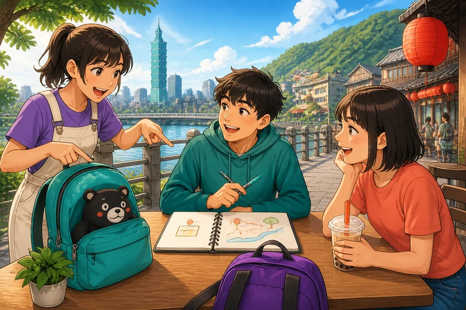 Two friends in a park pointing at a dog behind a tree — image for a Simplified Chinese basic location lesson.