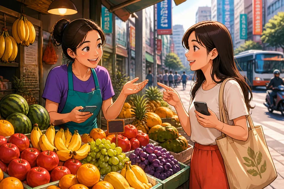 Anna and David at a market counter asking '多少钱？' and counting items, showing natural shopping interaction in Simplified Chinese.