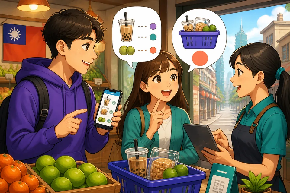 A vendor and a buyer at a fruit stall discussing price and quantity in Simplified Chinese, close-up on fruit and small price signs.