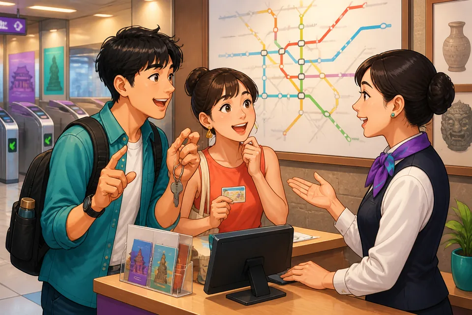 Anna and David speaking at a reception desk in Simplified Chinese, one asking permission and the other responding.