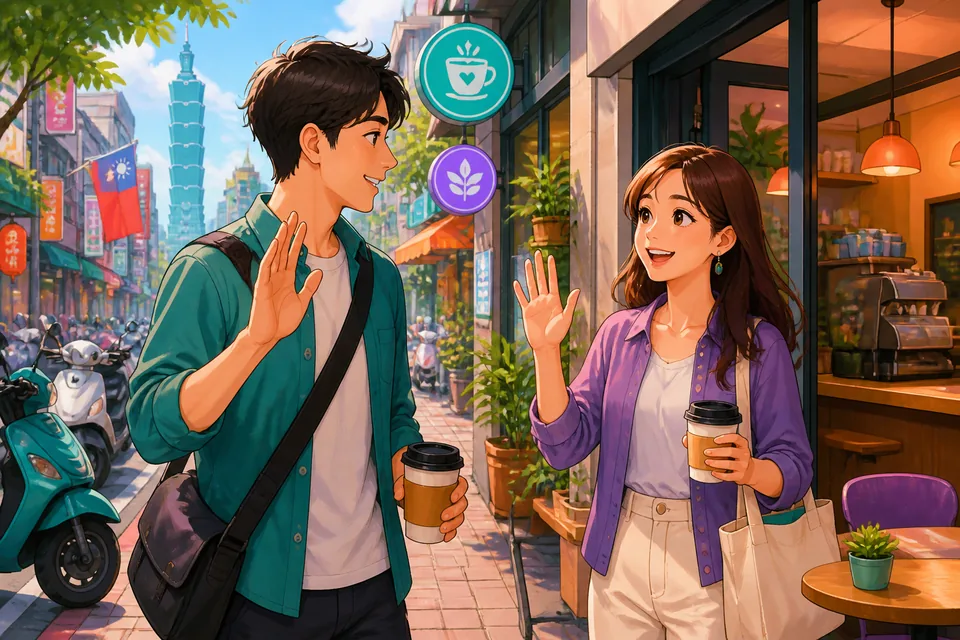 Anna and David smiling and exchanging short Chinese openings like 叫我安娜吧 and 你呢？ in a casual café meeting.