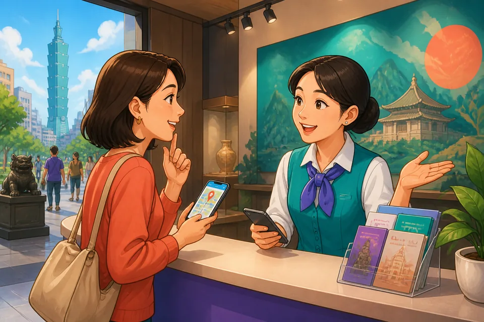 Close-up of a visitor and staff member talking about what is allowed — phrases like 可以 and 请不要 are visible in Simplified Chinese.