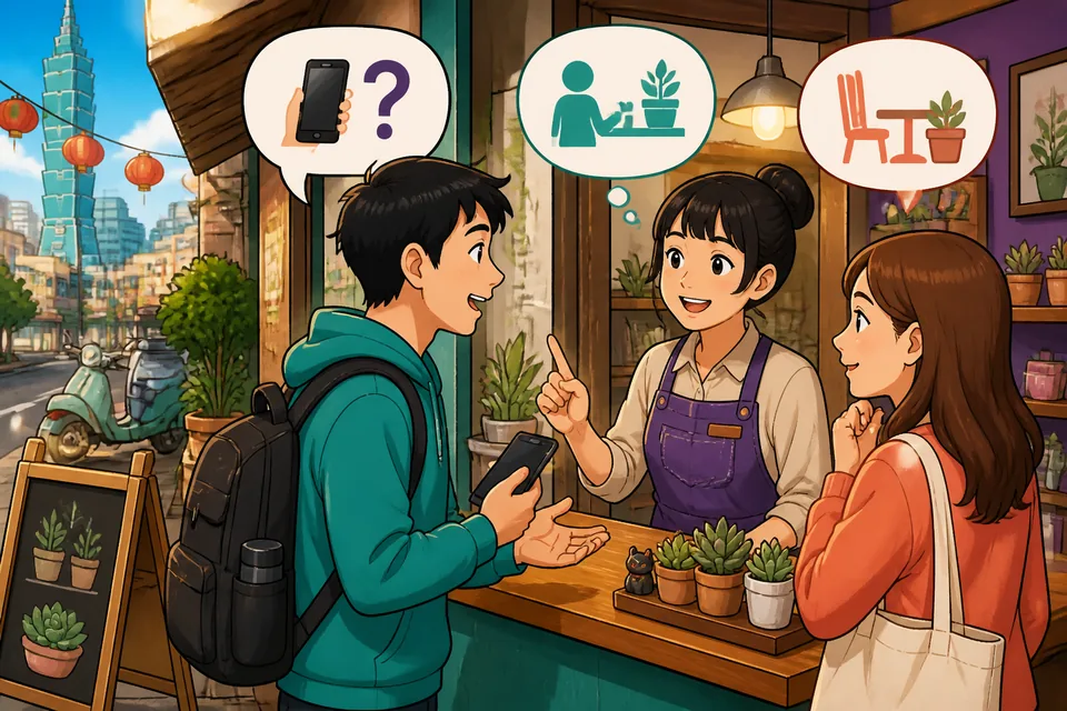 A friendly museum scene where someone asks if they can take photos — Simplified Chinese permission language in use.