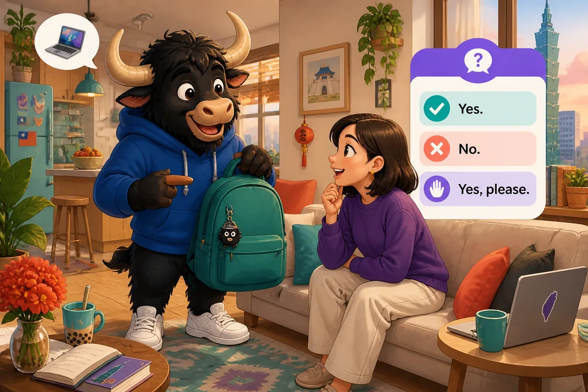 A friendly café scene with two people practicing simple yes/no responses in Simplified Chinese; focus on accepting and declining offers.