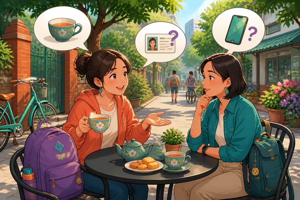 Close-up of the pair smiling; speech bubbles show short replies like 对 and 不用了，谢谢 in Simplified Chinese.
