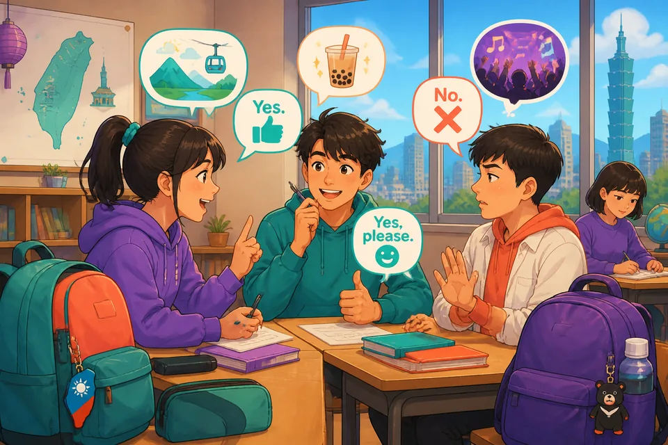 Two friends at a table in China, one offering tea and the other replying with short yes/no phrases in Simplified Chinese.