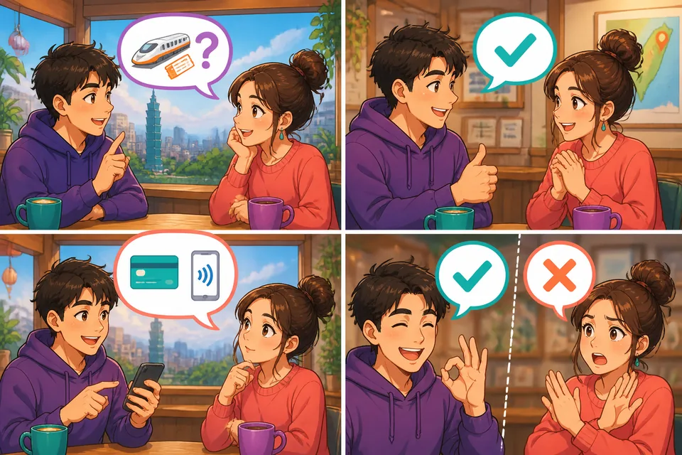 Close-up of Anna and David at a hotel/ticket desk using simple yes/no phrases in Simplified Chinese during a short conversation.