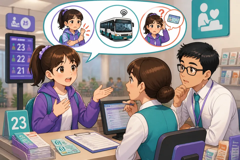 Anna and David talking on a sidewalk: Anna explains she is late because the bus broke down — Simplified Chinese problem statements appear as speech captions.