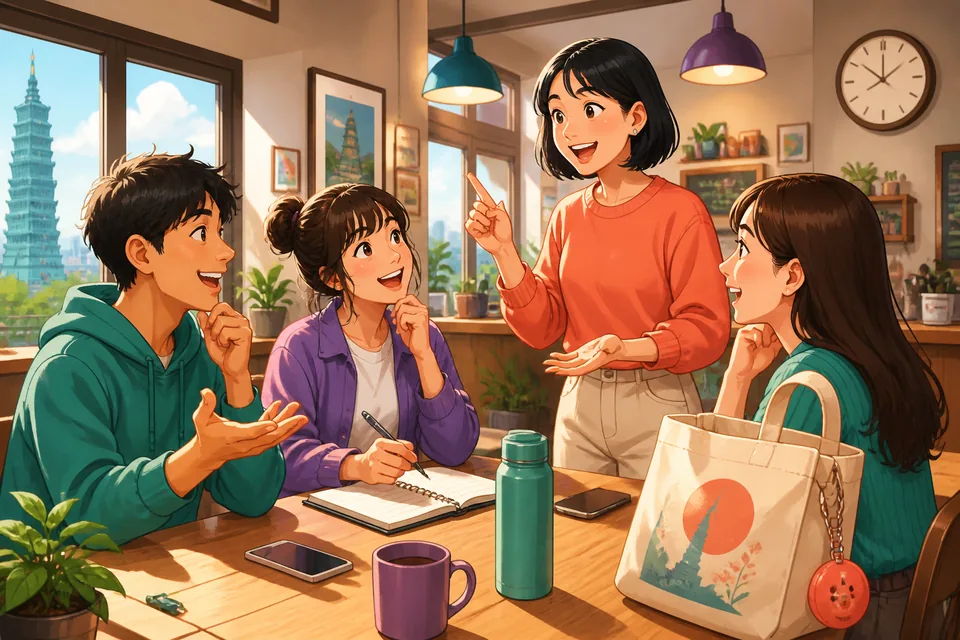 Two people at a table with a menu, showing a short conversation about '菜单' and meeting times in Simplified Chinese.