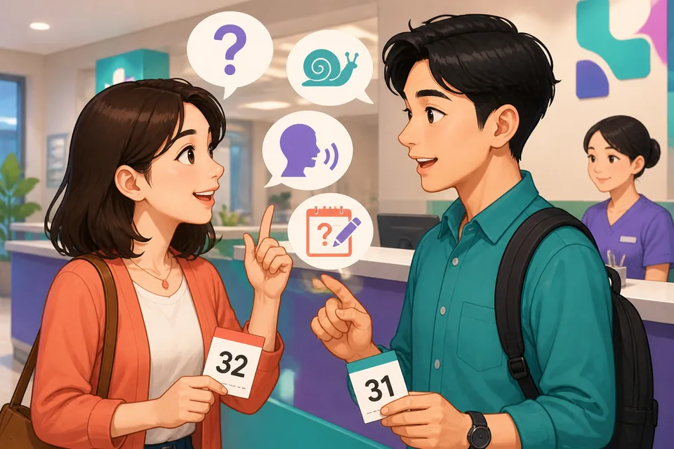 Anna and David talking; the image shows them asking and answering clarifying questions in Simplified Chinese.