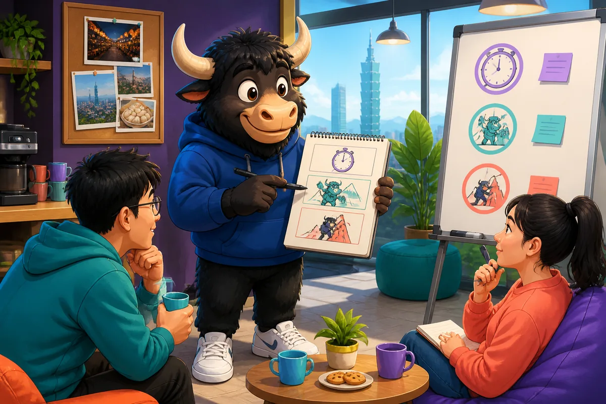 A cozy café scene where two friends practice follow-up questions in Simplified Chinese; close-up of a notebook with the phrase 持续了多久？.