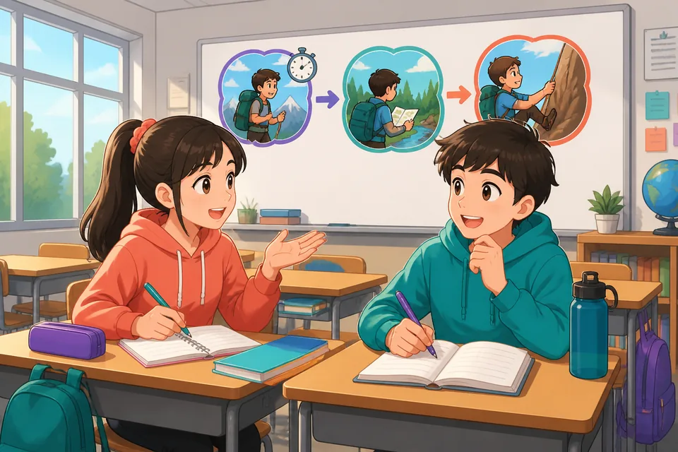 Anna and David sit at a table, Anna asks several follow-up questions in Simplified Chinese about David's weekend, both laugh and chat.
