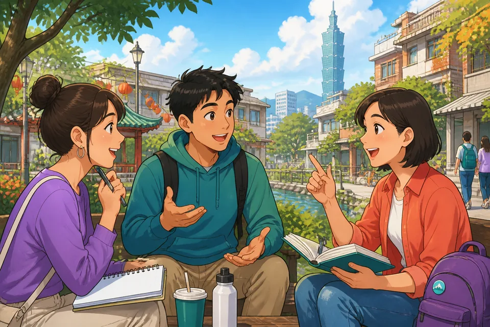 Two people at a park bench talking about a trip while one asks follow-up questions in Simplified Chinese; the scene shows friendly curiosity.