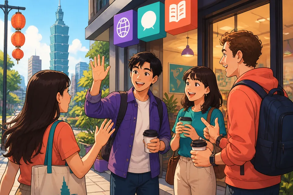 A casual meeting room with friends planning the weekend in Simplified Chinese — the lesson topic is Opinions.