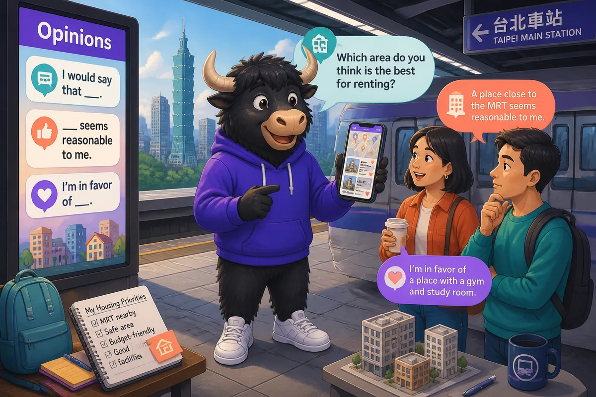 Two colleagues discussing opinions in Simplified Chinese about work options, showing expressive gestures and speech bubbles.