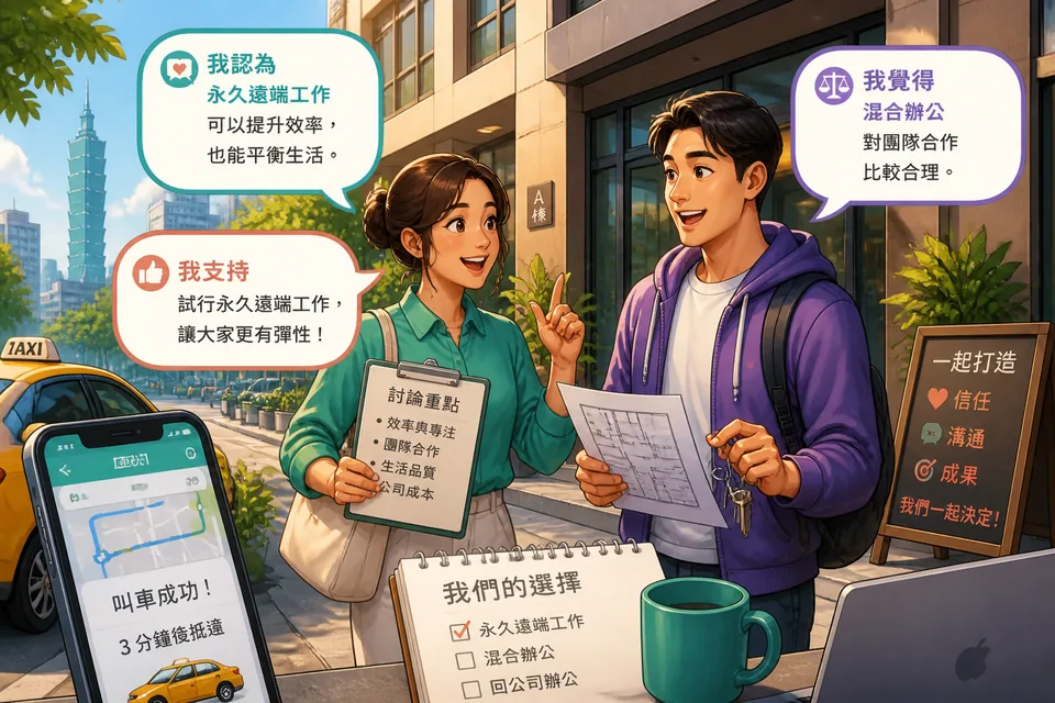 Anna and David talking around a table in Simplified Chinese about whether to choose remote work or a hybrid plan.