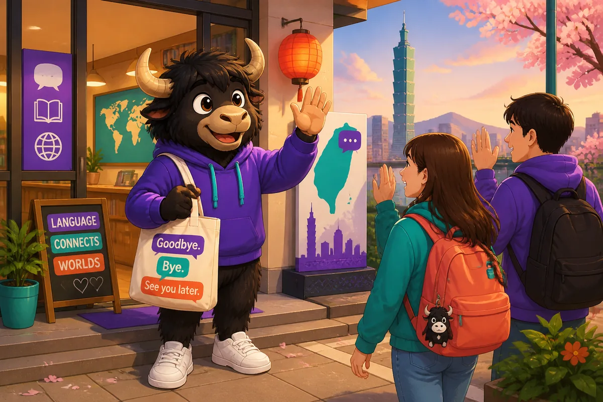 A friendly street scene where two people say goodbye in Simplified Chinese; bright city background, focusing on common farewell phrases.