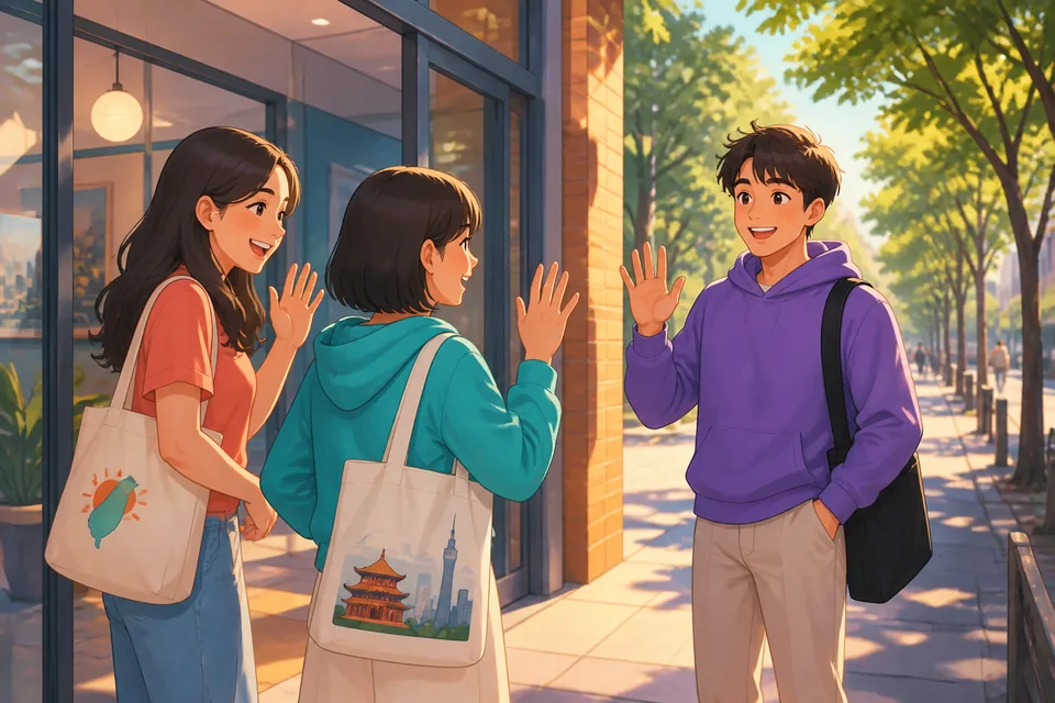 Two friends on a sidewalk finishing a chat, using phrases like 我现在得走了 (wǒ xiàn zài děi zǒu le) and 回头见 (huí tóu jiàn).
