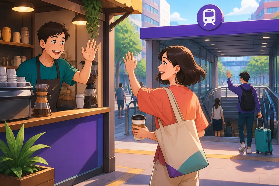 A café exit scene showing a small group waving and saying different goodbyes in Simplified Chinese—casual and polite farewells.